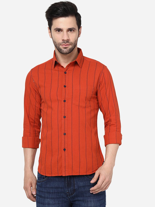 Orange Striped Slim Fit Casual Shirt | Greenfibre