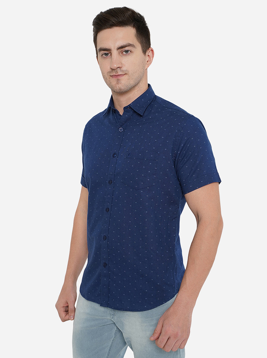 Navy Blue Printed Smart Fit Casual Shirt | Greenfibre