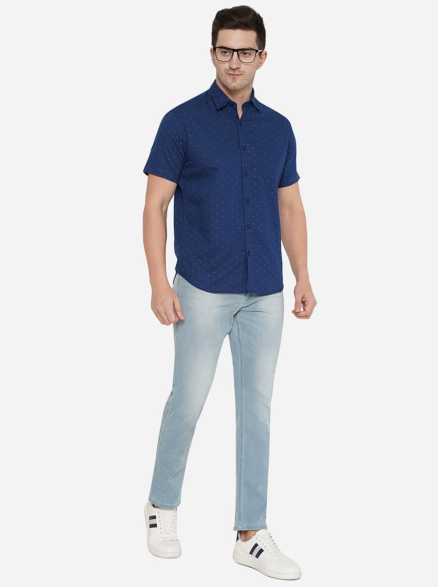 Navy Blue Printed Smart Fit Casual Shirt | Greenfibre