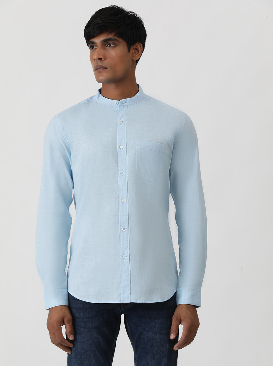 Sky Blue Solid Slim Fit Casual Shirt | Greenfibre