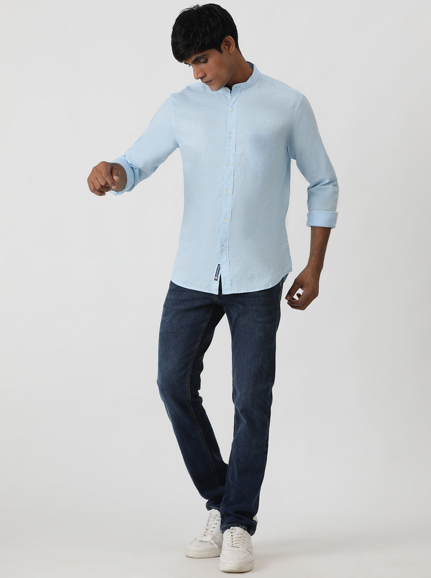 Sky Blue Solid Slim Fit Casual Shirt | Greenfibre