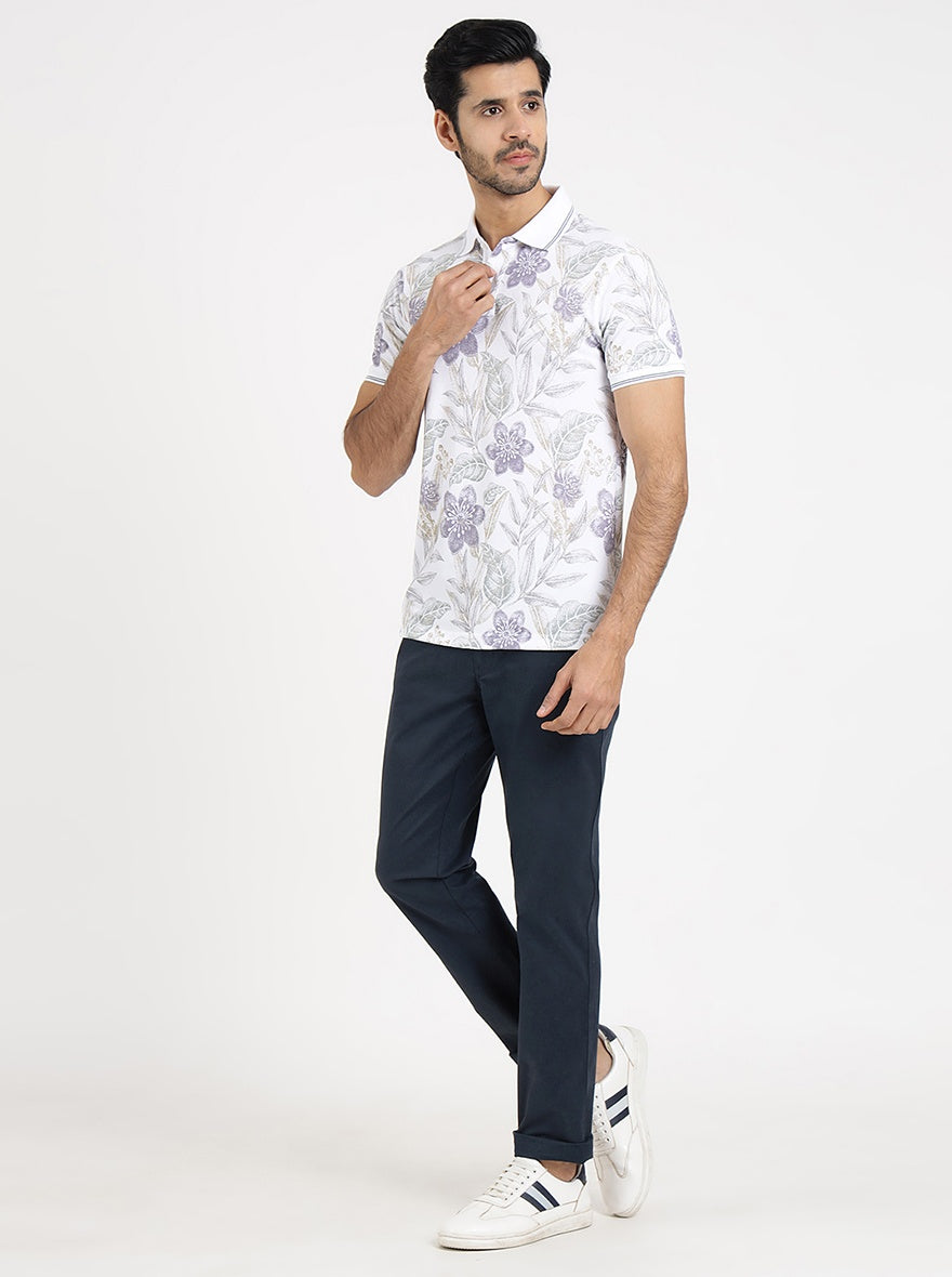 White Printed Slim Fit Polo T-Shirt | Greenfibre