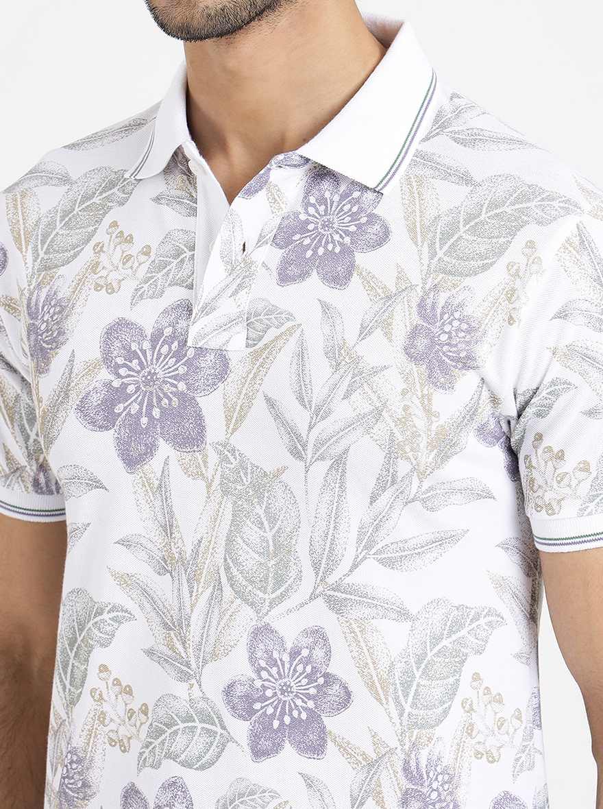 White Printed Slim Fit Polo T-Shirt | Greenfibre