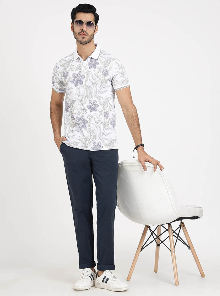 White Printed Slim Fit Polo T-Shirt | Greenfibre