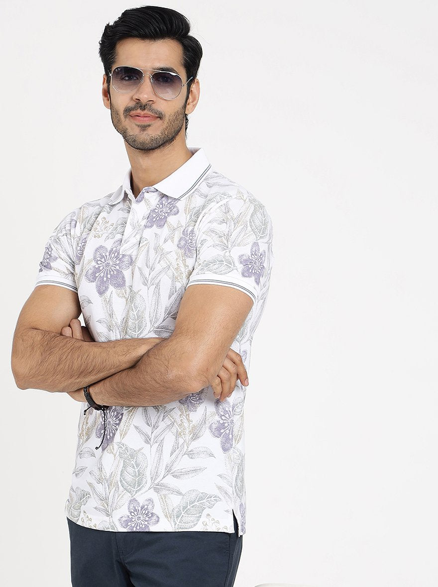 White Printed Slim Fit Polo T-Shirt | Greenfibre