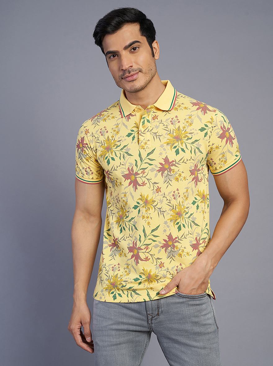 Light Yellow Printed Slim Fit Polo T-Shirt | Greenfibre