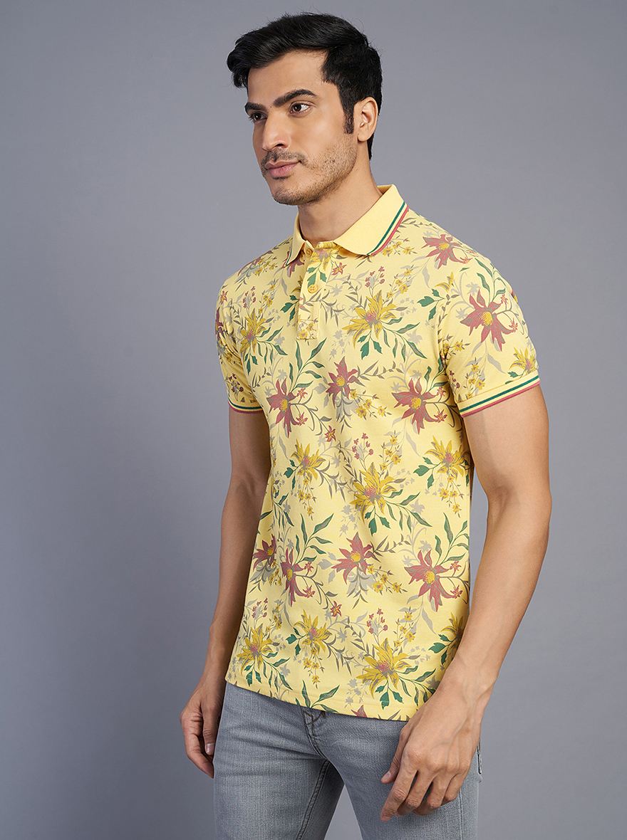 Light Yellow Printed Slim Fit Polo T-Shirt | Greenfibre