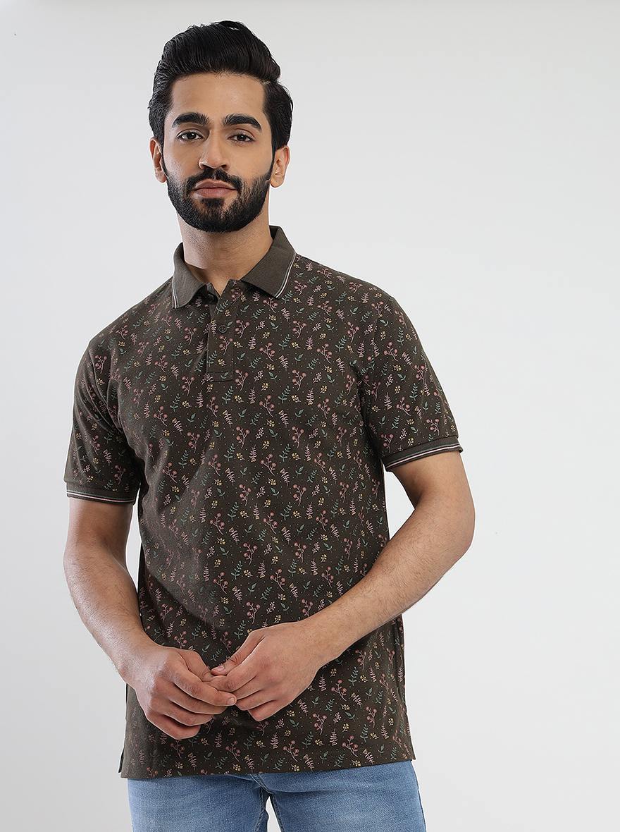 Khaki Printed Slim Fit Polo T-Shirt | Greenfibre