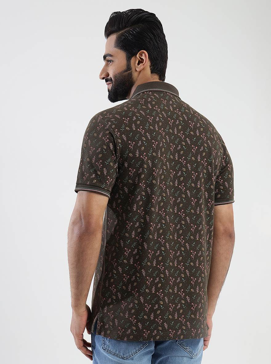 Khaki Printed Slim Fit Polo T-Shirt | Greenfibre