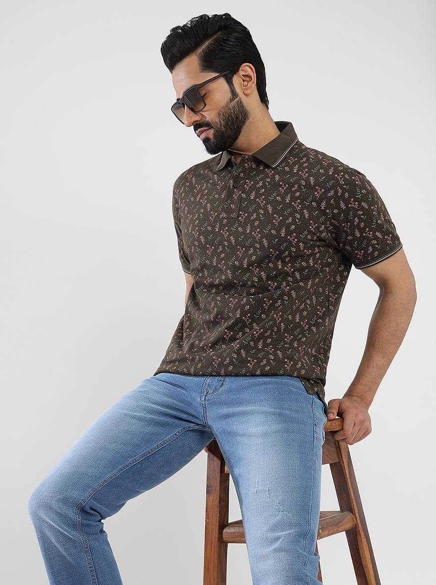 Khaki Printed Slim Fit Polo T-Shirt | Greenfibre