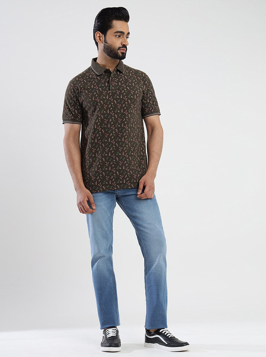 Khaki Printed Slim Fit Polo T-Shirt | Greenfibre