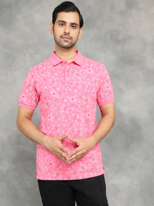 Pink Printed Slim Fit Polo T-Shirt | GreenFibre