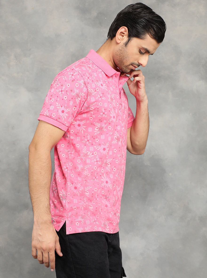 Pink Printed Slim Fit Polo T-Shirt | GreenFibre