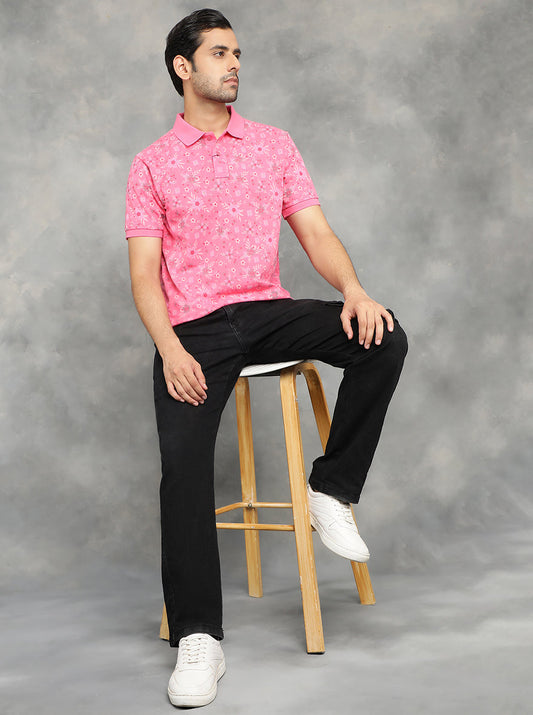 Pink Printed Slim Fit Polo T-Shirt | GreenFibre