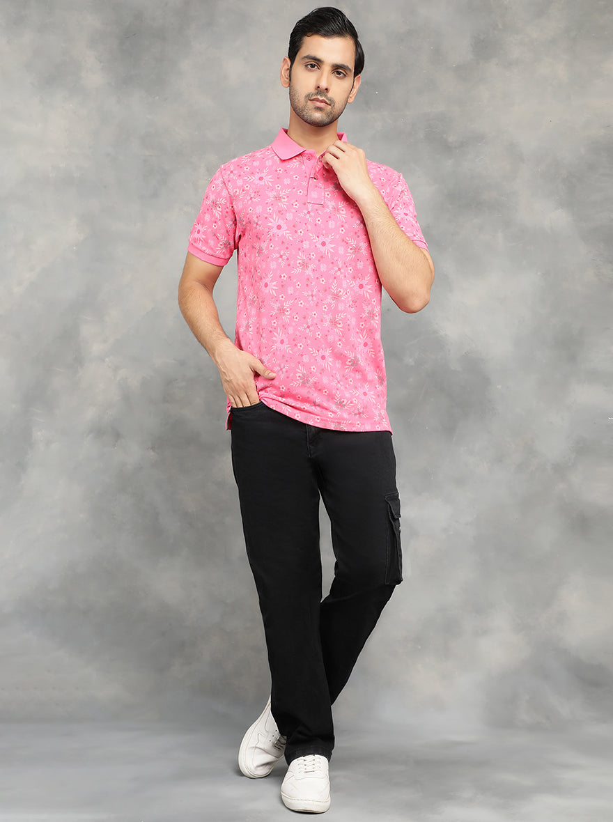 Pink Printed Slim Fit Polo T-Shirt | GreenFibre