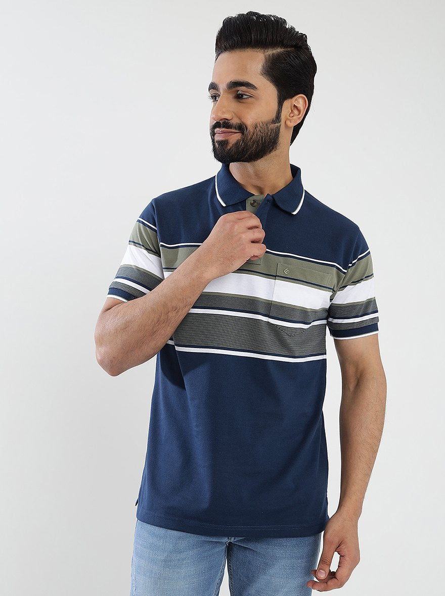 Navy Blue Striped Slim Fit Polo T-Shirt | Greenfibre