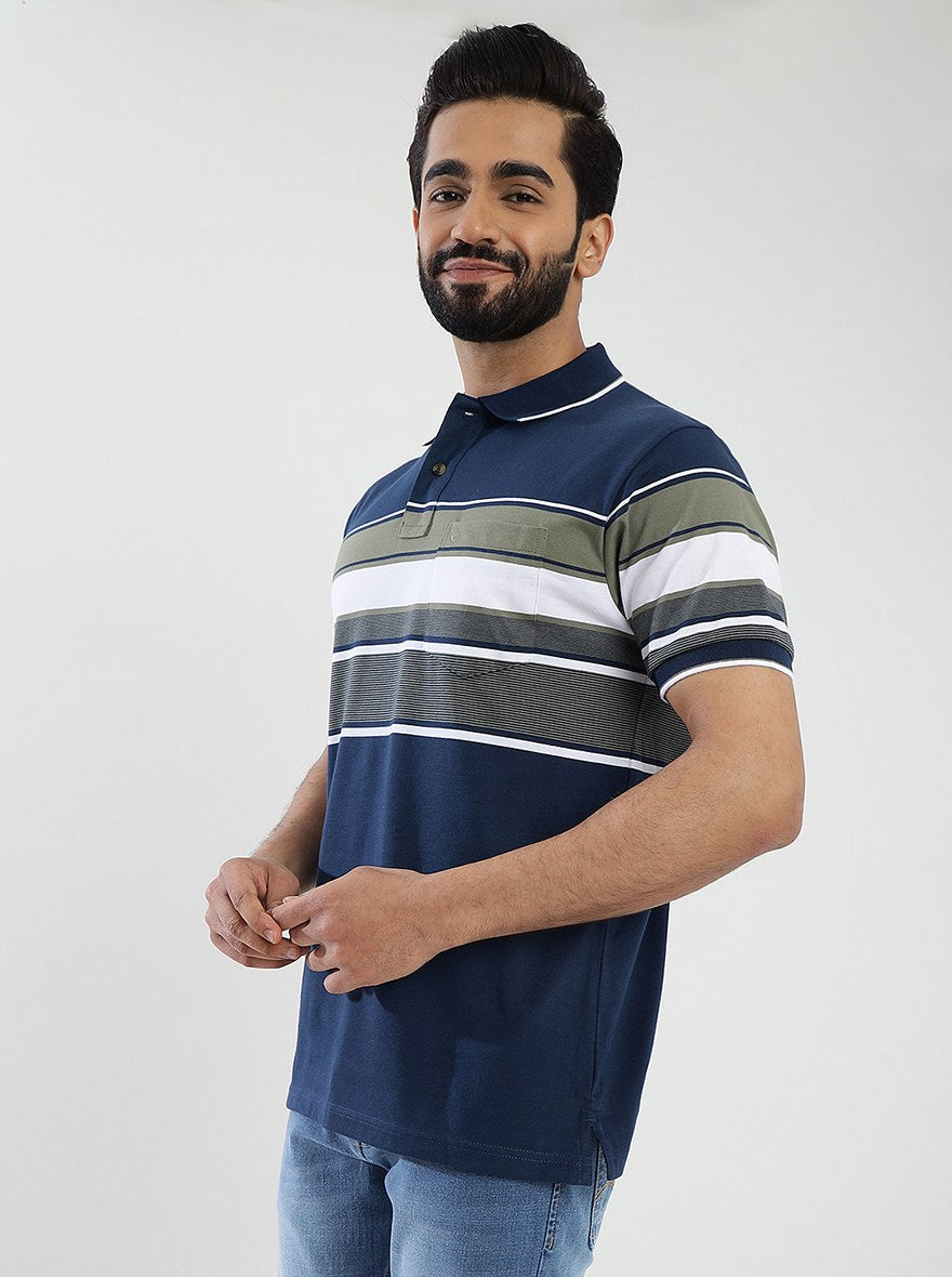 Navy Blue Striped Slim Fit Polo T-Shirt | Greenfibre