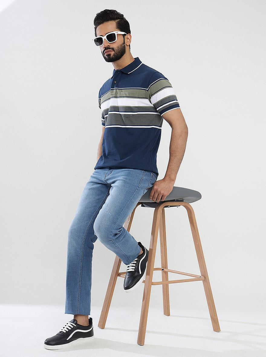 Navy Blue Striped Slim Fit Polo T-Shirt | Greenfibre