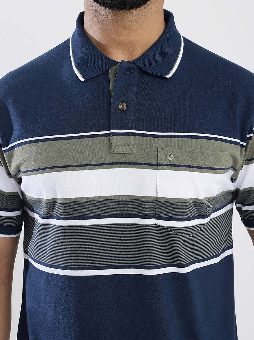 Navy Blue Striped Slim Fit Polo T-Shirt | Greenfibre