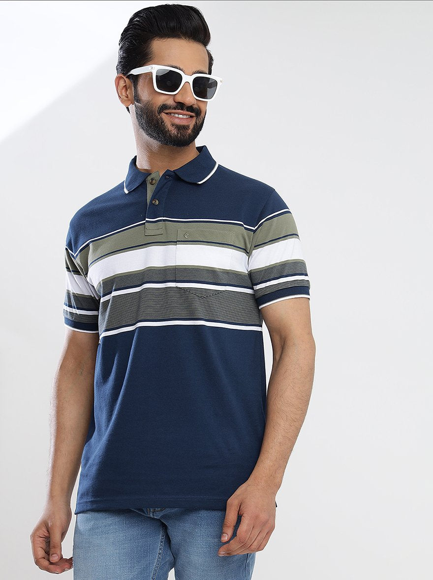 Navy Blue Striped Slim Fit Polo T-Shirt | Greenfibre