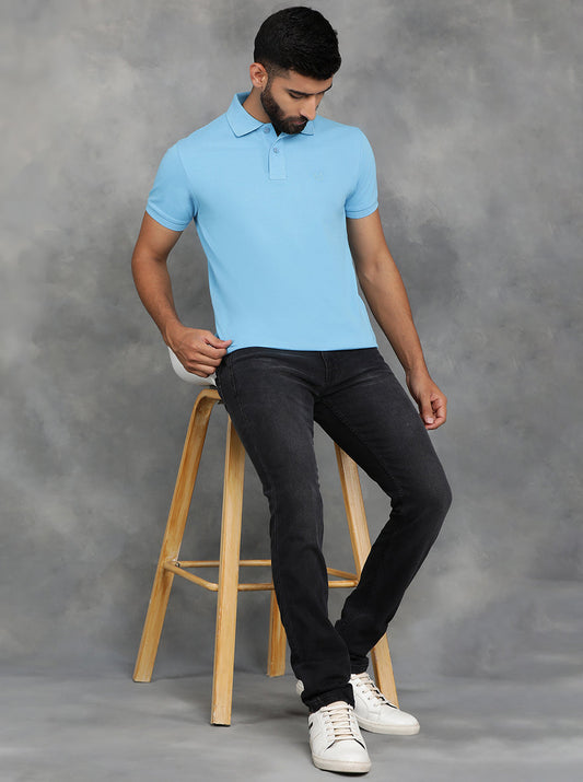 Sky Blue Solid Slim Fit Polo T-Shirt | GreenFibre