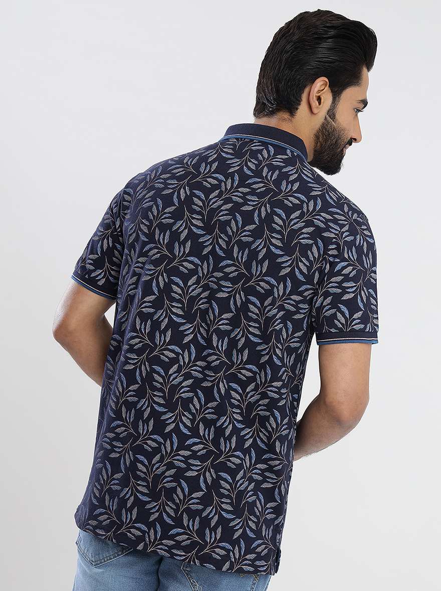 Navy Blue Printed Slim Fit Polo T-Shirt | Greenfibre