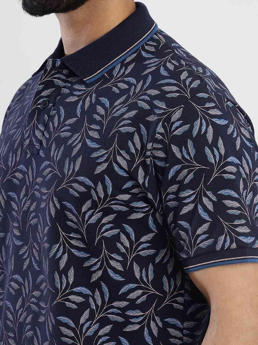 Navy Blue Printed Slim Fit Polo T-Shirt | Greenfibre