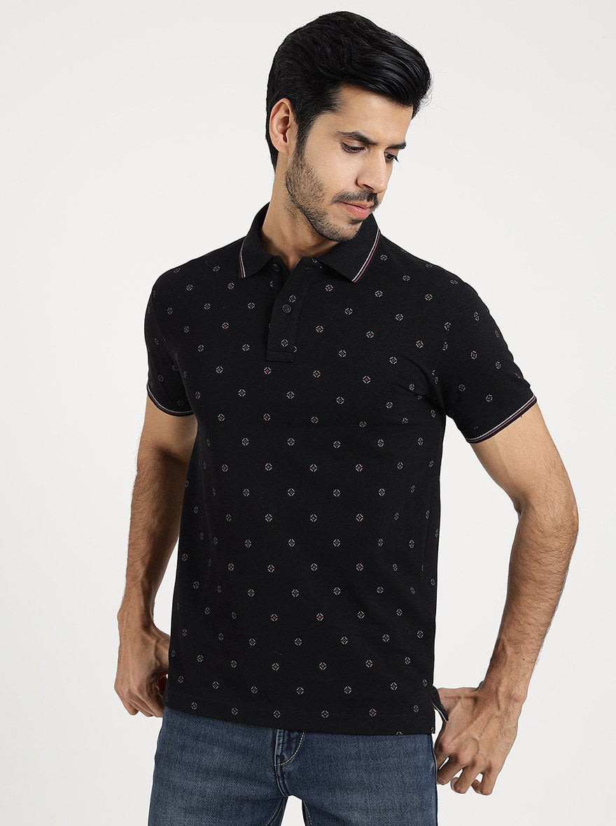 Black Printed Slim Fit Polo T-Shirt | Greenfibre