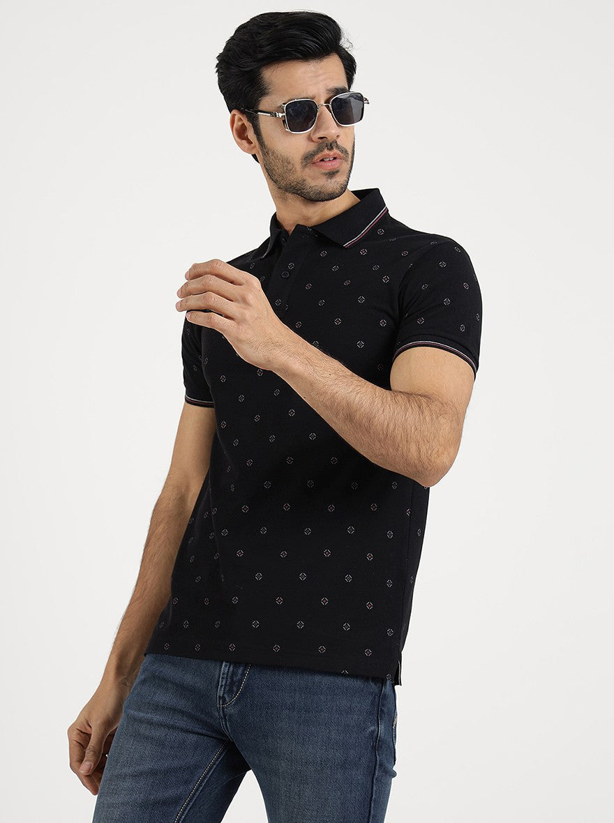 Black Printed Slim Fit Polo T-Shirt | Greenfibre