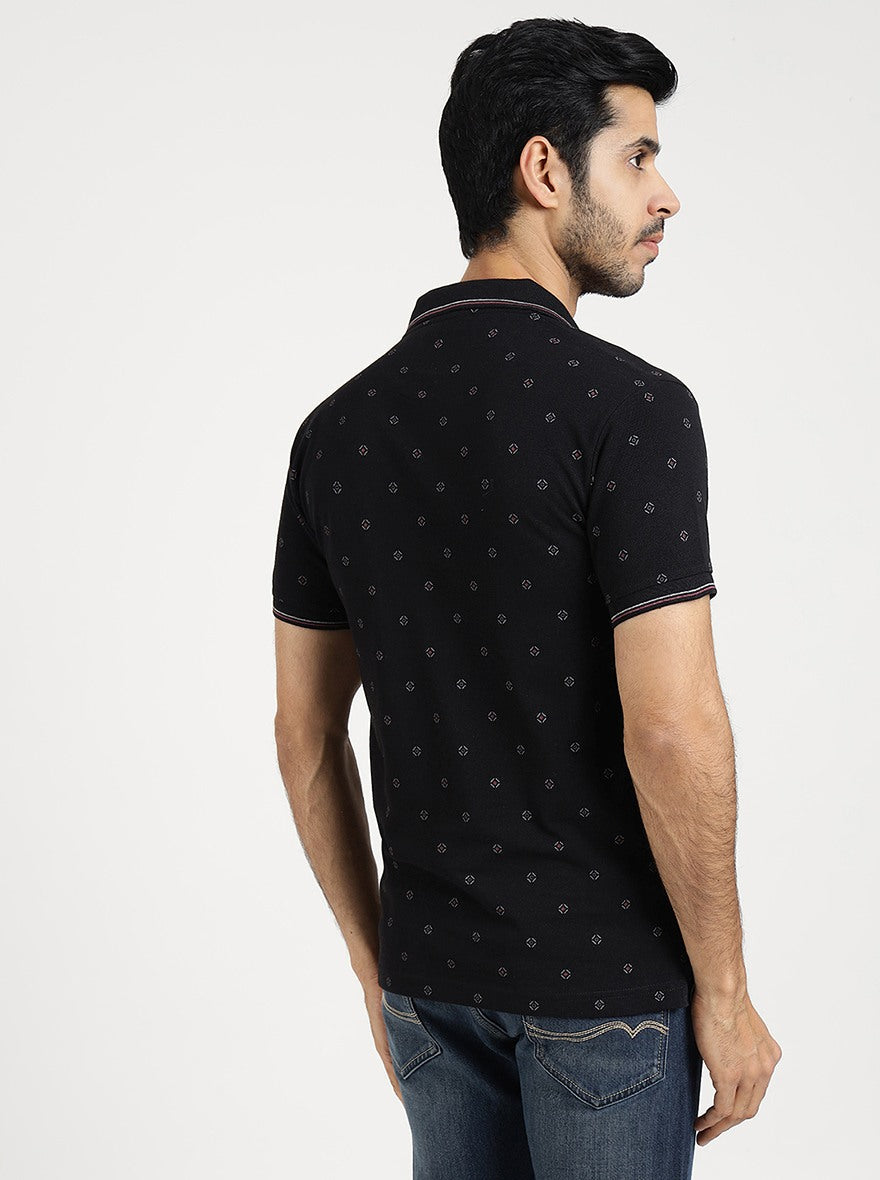 Black Printed Slim Fit Polo T-Shirt | Greenfibre
