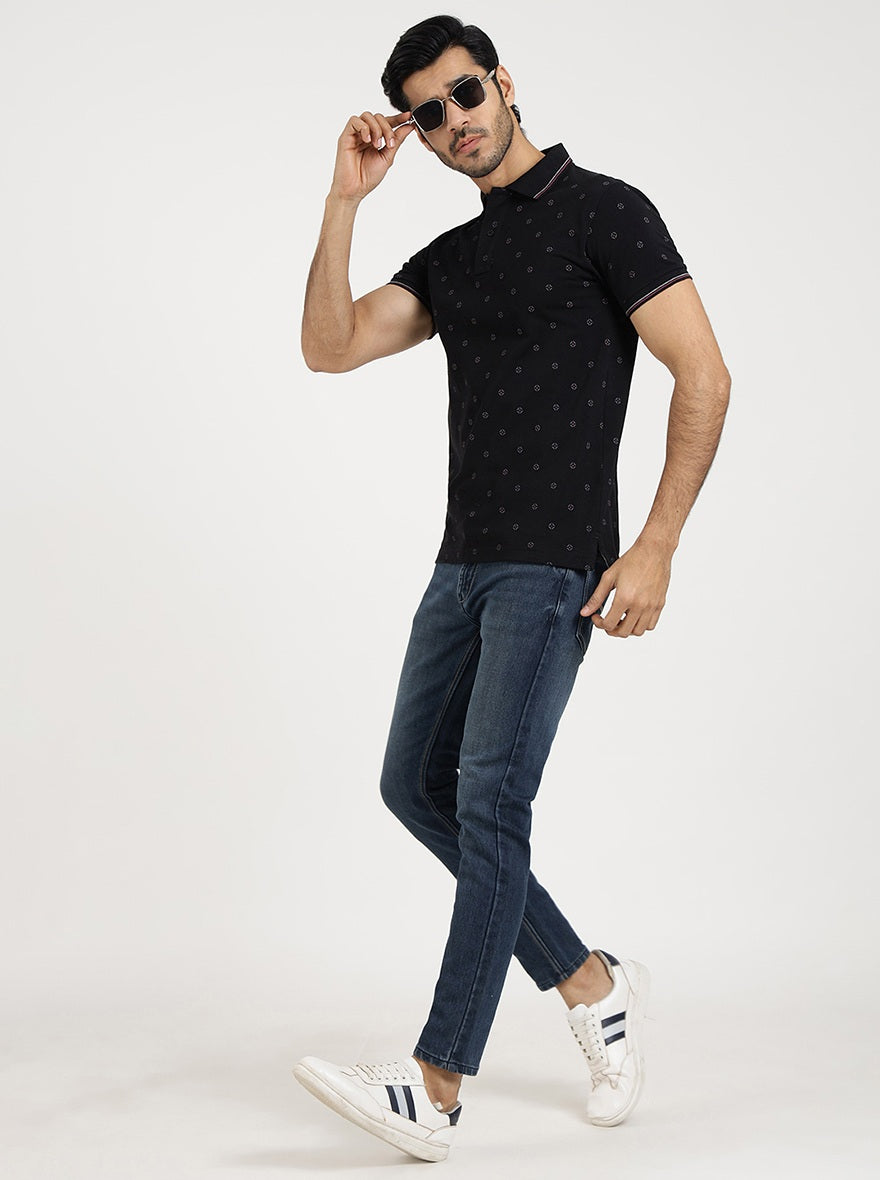 Black Printed Slim Fit Polo T-Shirt | Greenfibre