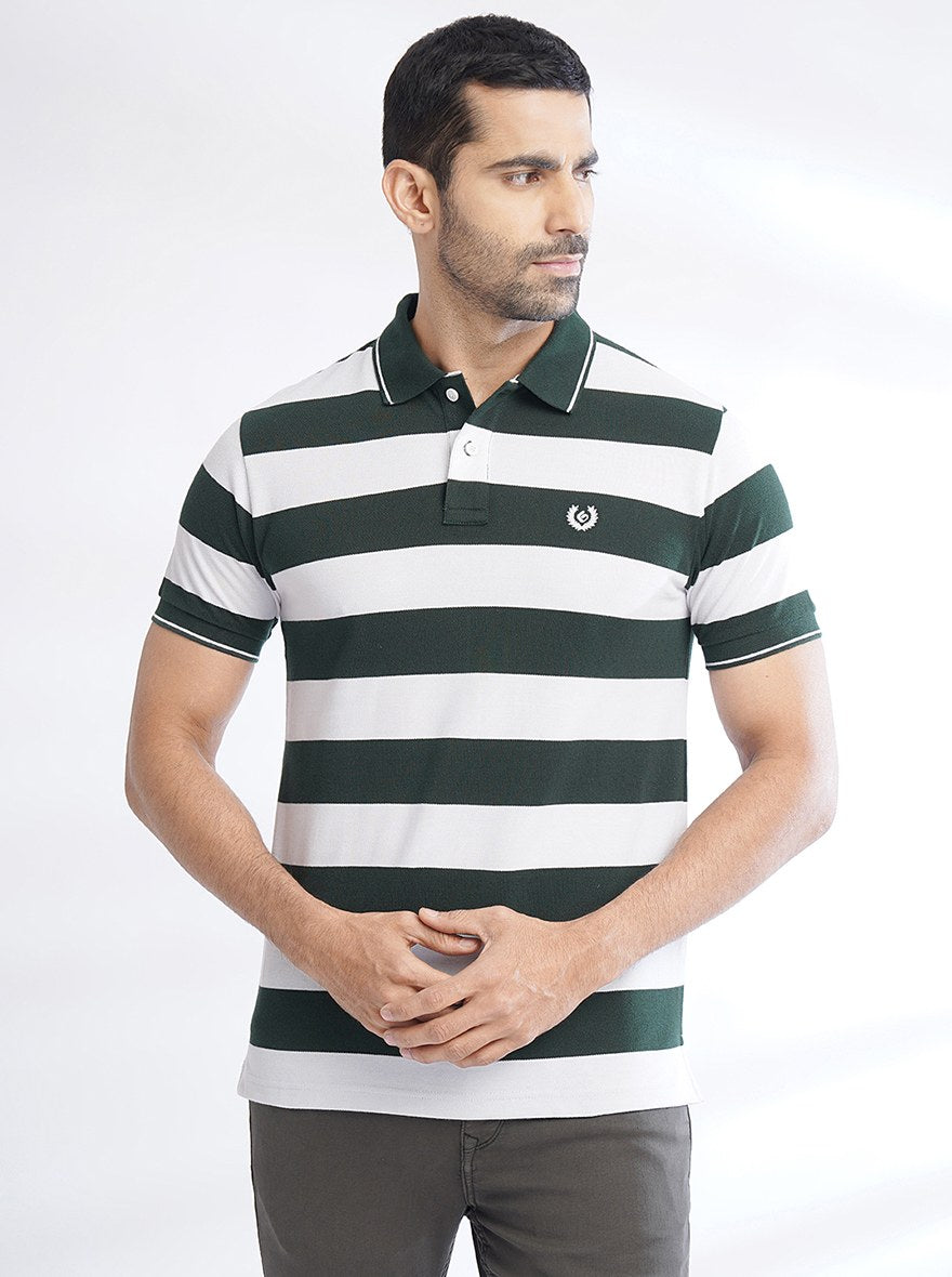 Green Striped Slim Fit Polo T-Shirt | Greenfibre