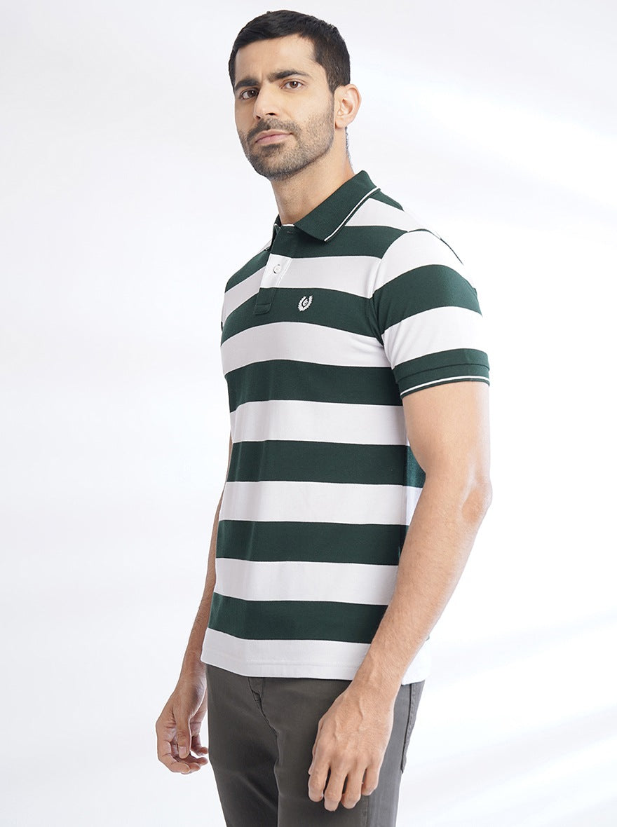 Green Striped Slim Fit Polo T-Shirt | Greenfibre