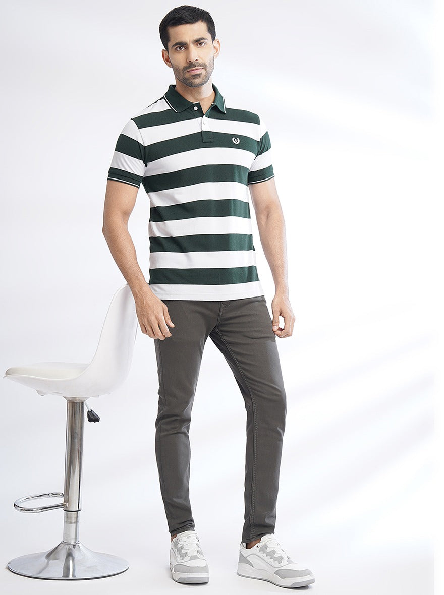 Green Striped Slim Fit Polo T-Shirt | Greenfibre