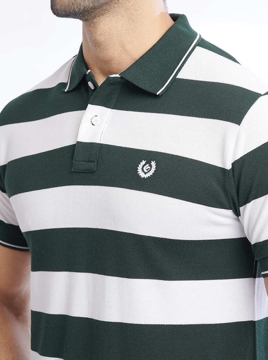 Green Striped Slim Fit Polo T-Shirt | Greenfibre