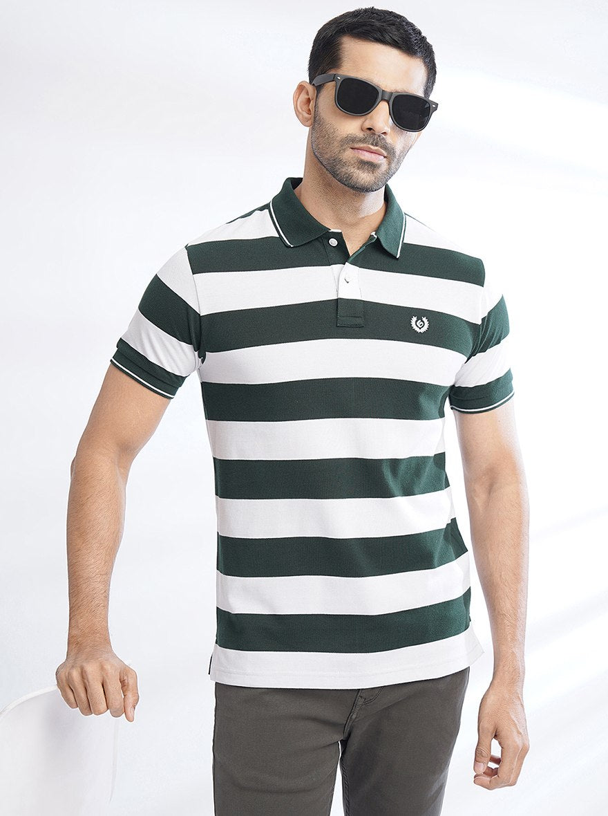 Green Striped Slim Fit Polo T-Shirt | Greenfibre