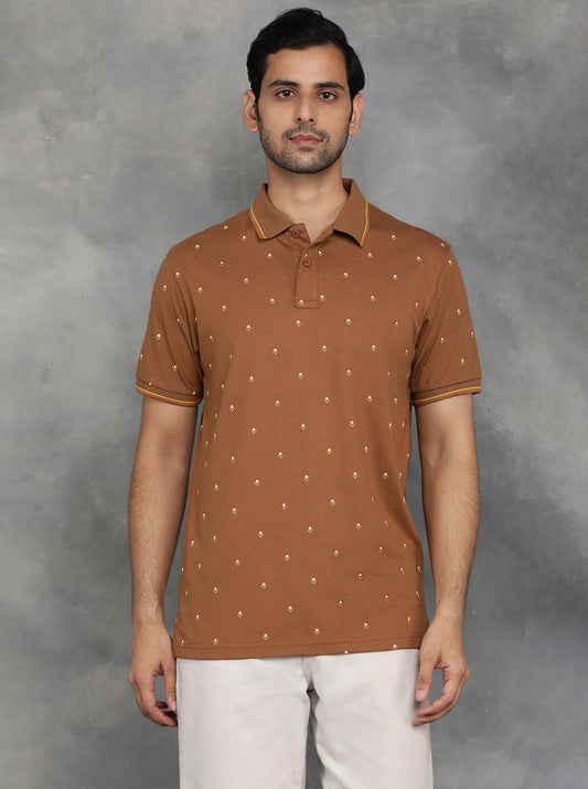 Brown Printed Slim Fit Polo T-Shirt | GreenFibre