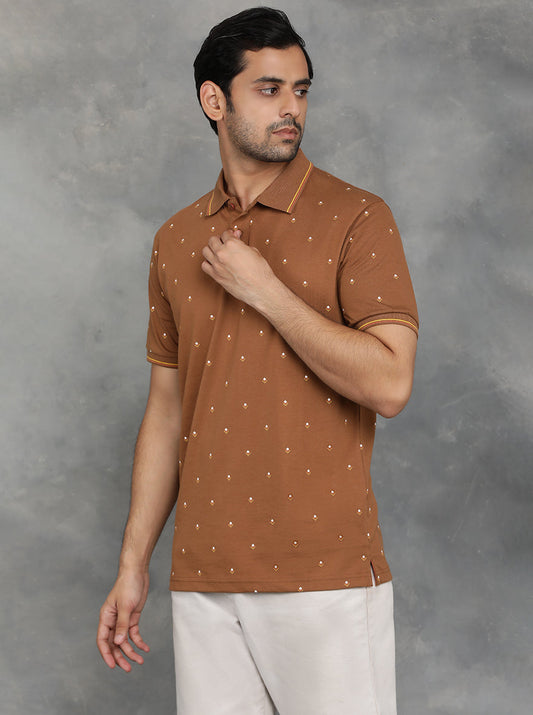 Brown Printed Slim Fit Polo T-Shirt | GreenFibre