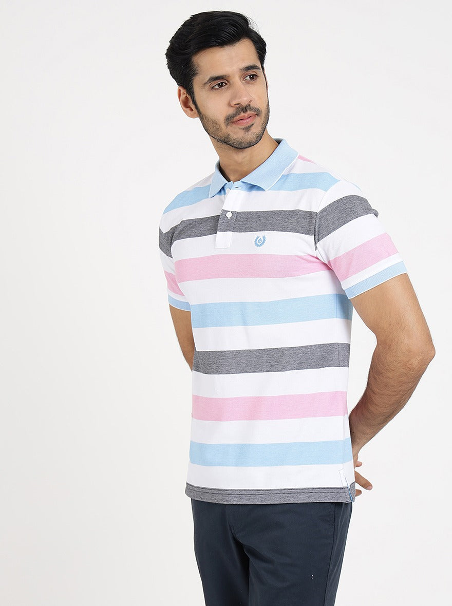 Multicolor Striped Slim Fit Polo T-Shirt | Greenfibre