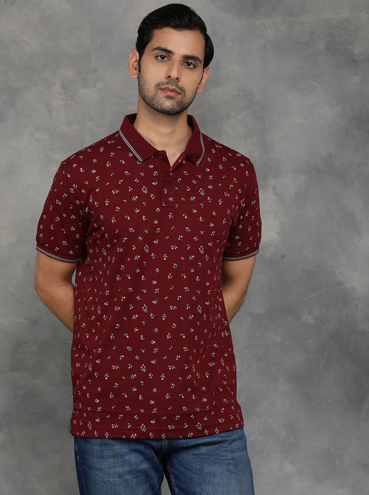 Wine Printed Slim Fit Polo T-Shirt | GreenFibre