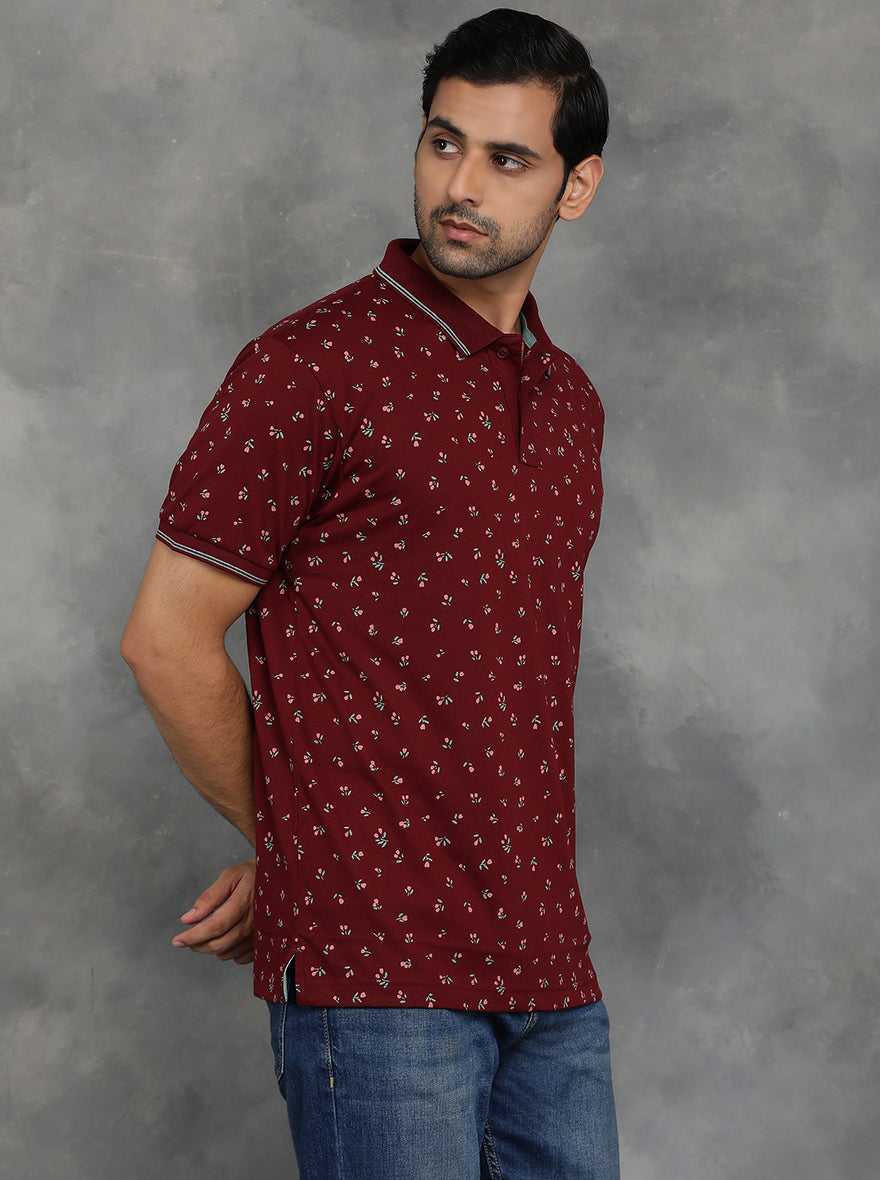 Wine Printed Slim Fit Polo T-Shirt | GreenFibre