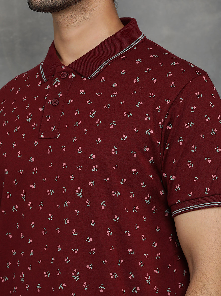 Wine Printed Slim Fit Polo T-Shirt | GreenFibre