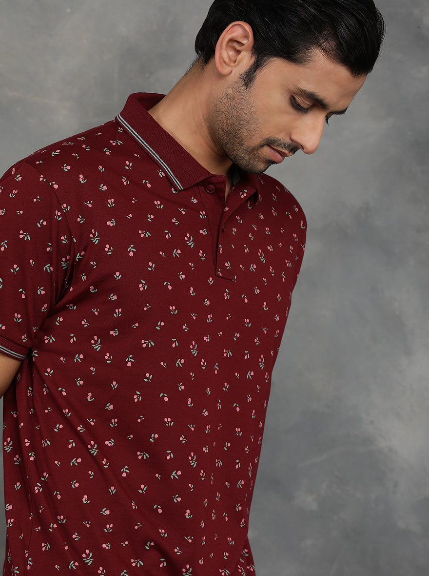 Wine Printed Slim Fit Polo T-Shirt | GreenFibre