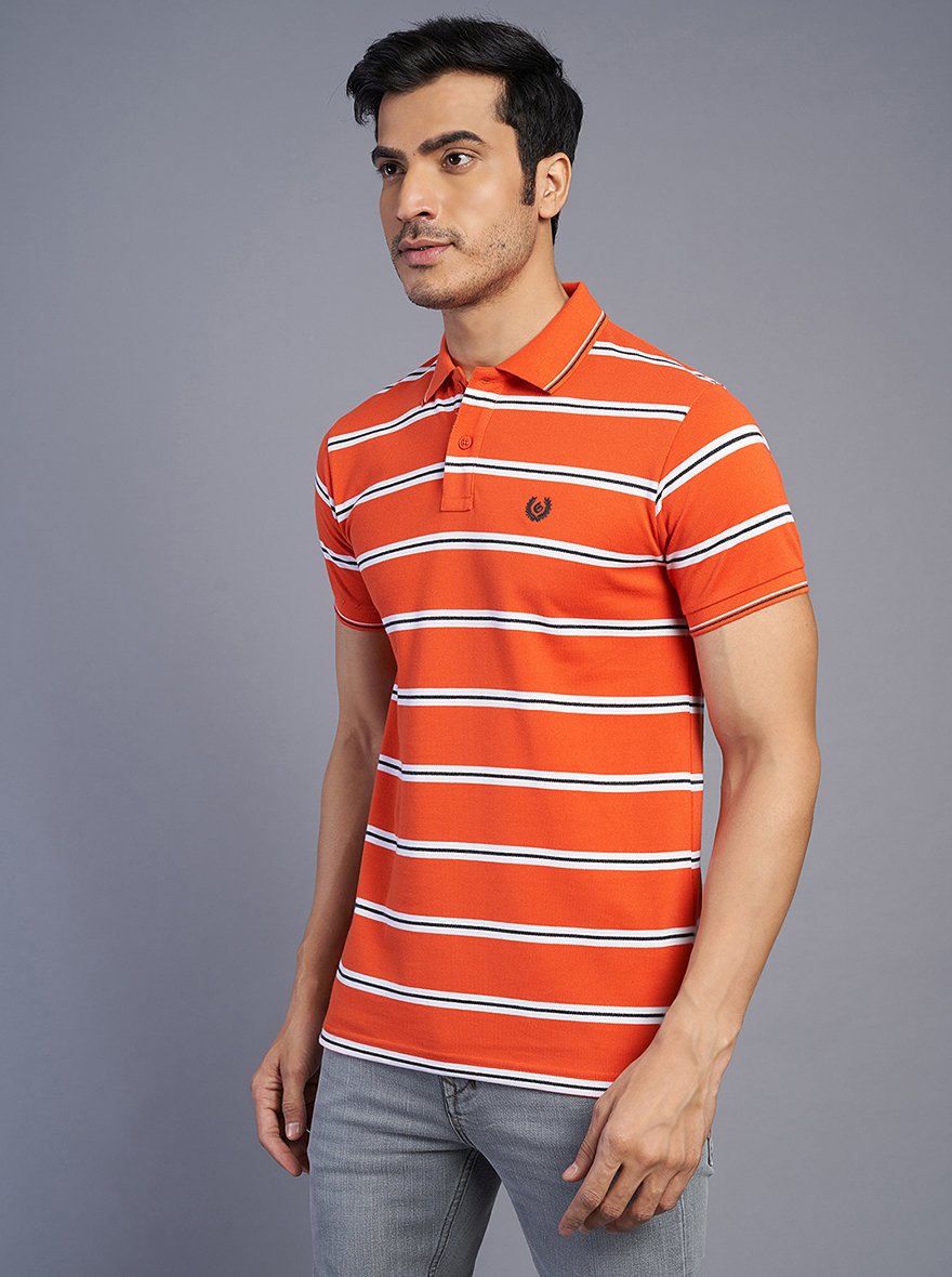 Orange Striped Slim Fit Polo T-Shirt | Greenfibre