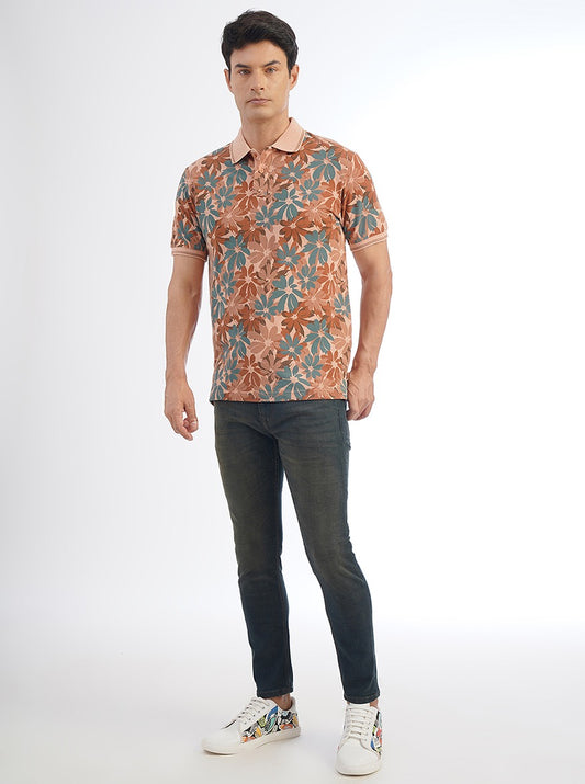 Brown Printed Slim Fit Polo T-Shirt | Greenfibre