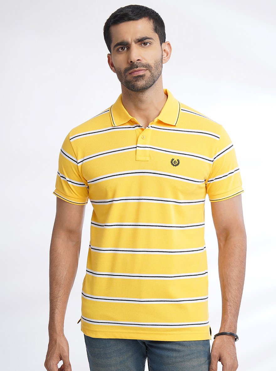 Yellow Striped Slim Fit Polo T-Shirt | Greenfibre