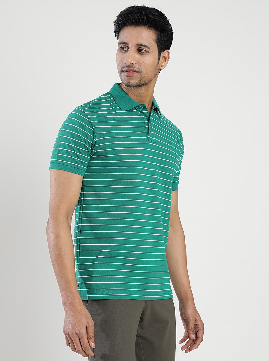 Green Striped Slim Fit Polo T-Shirt | Greenfibre