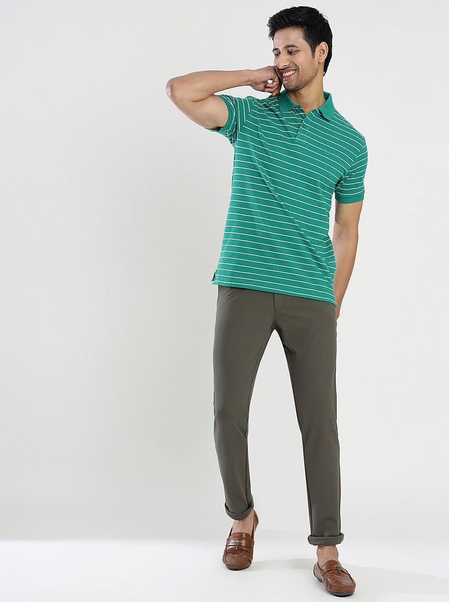 Green Striped Slim Fit Polo T-Shirt | Greenfibre