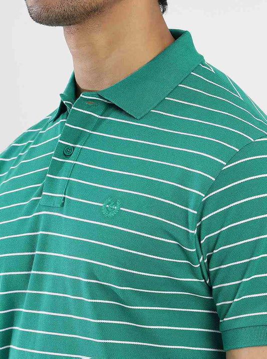 Green Striped Slim Fit Polo T-Shirt | Greenfibre