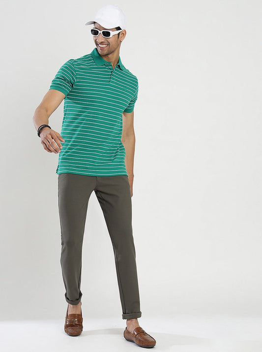 Green Striped Slim Fit Polo T-Shirt | Greenfibre